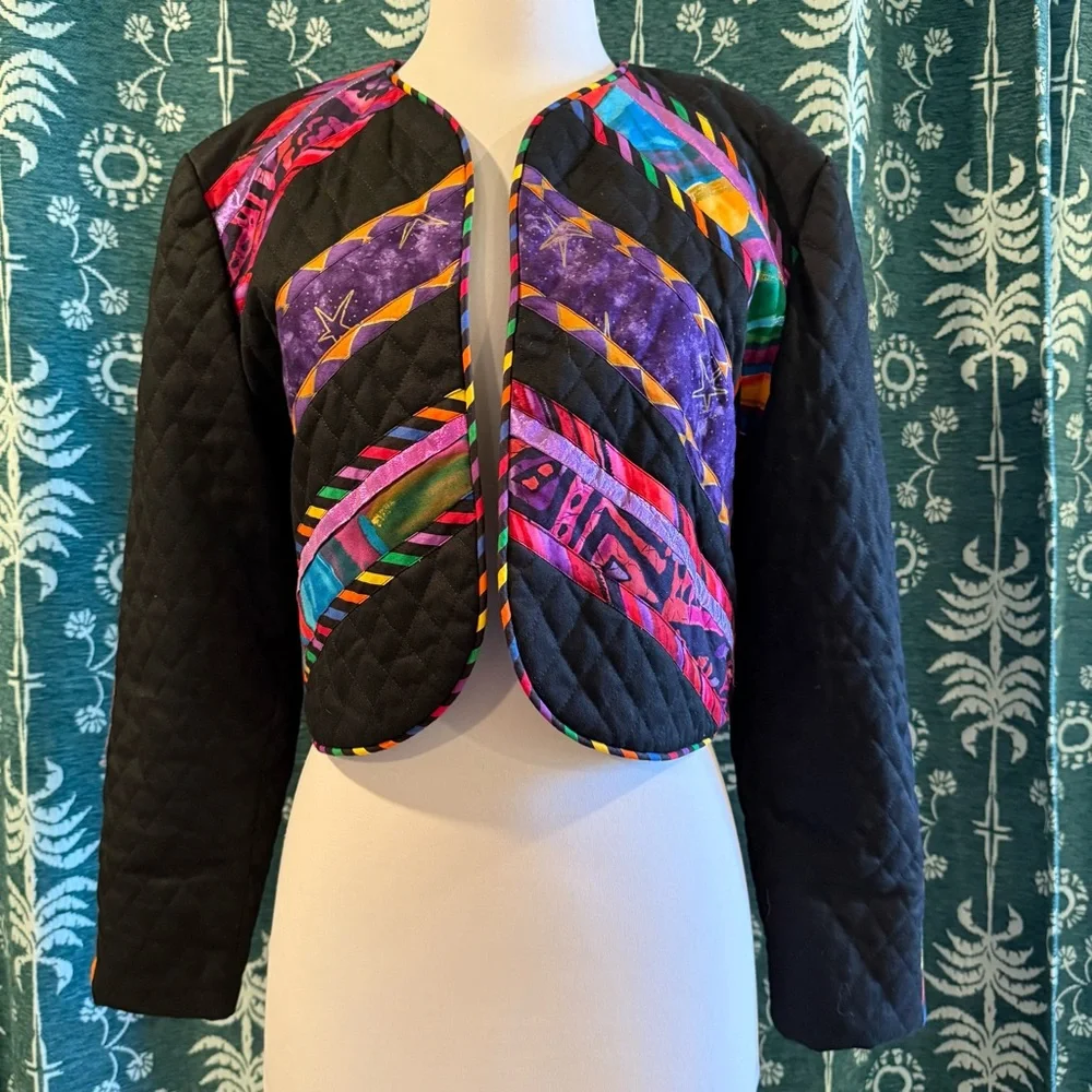 Marie Studer Design Vintage Colorful Quilted Geometric Cropped  Jacket USA Small